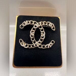 Vintage Chanel CC Chain Crystal Brooch Silver Tone Made in France